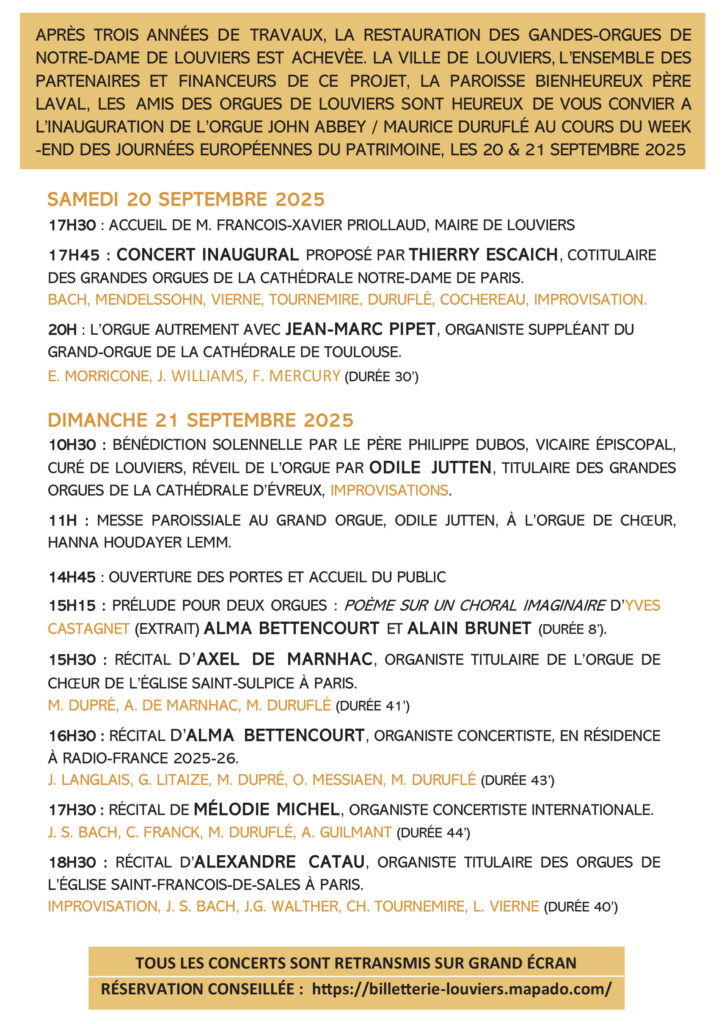 les organistes participant à l'inauguration de l'orgue de Louviers les 20 et 21 septembre 2025